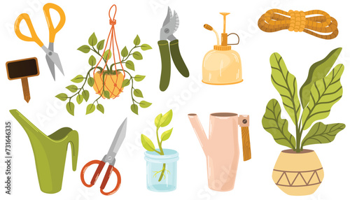 Gardening tools and plants in pots set. Bundle of equipment for home plants. Flat cartoon vector illustrations isolated on white