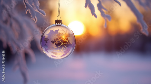 silver christmas ball, snowy tree, fir tree, in the style of soft color blending, Landscape image 
