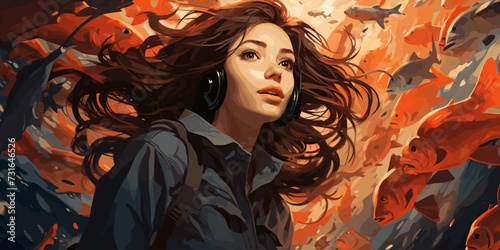 young woman diving with a school of fish in the sea, digital art style, illustration painting