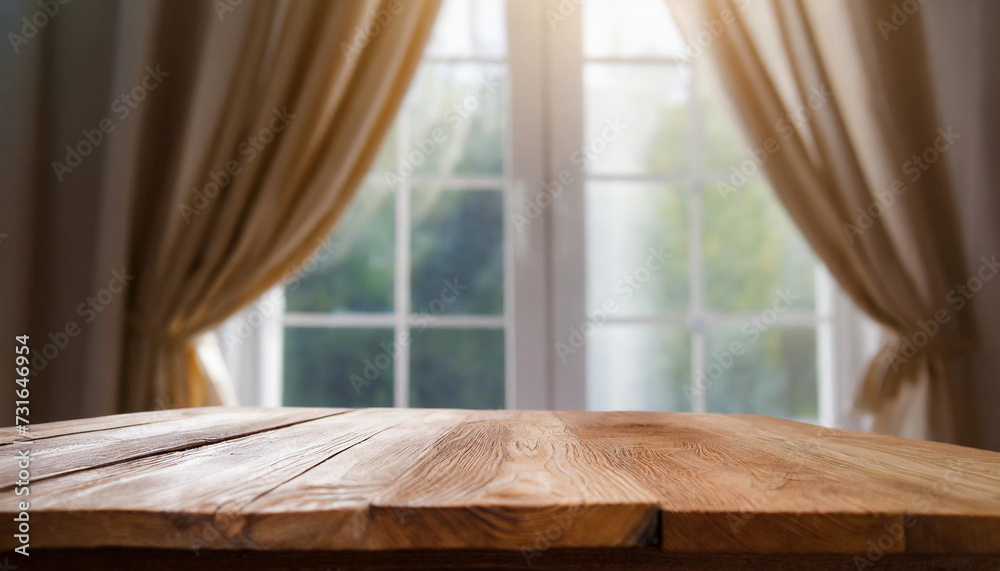 Fototapeta premium Rustic Tranquility: Wooden Tabletop with Half-Curtained Window Blur