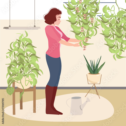Vertical gardens, vector illustration of a girl caring for ornamental plants growing vertically.