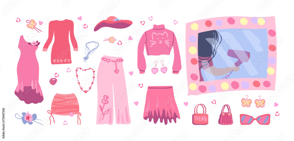 Stylish  pink clothes. Fashion trends. Stylized illustration