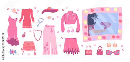Stylish pink clothes. Fashion trends. Stylized illustration