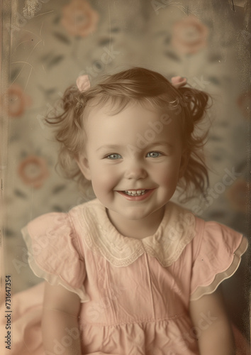 portrait of toddler girl wearing pink vintage colorized photo, old and faded  photo