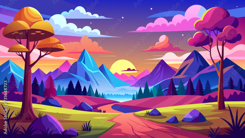 Cartoon nature seamless horizontal landscape with a beautiful evening or morning sunset sky and clouds. Vector illustration