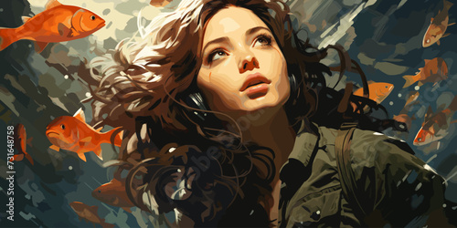 young woman diving with a school of fish in the sea, digital art style, illustration painting