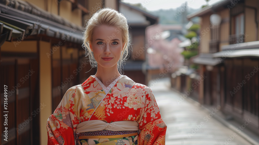 日本を観光　和服を着て楽しむ外国人女性