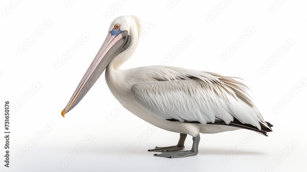 A majestic pelican gracefully isolated against a clean white background A majestic pelican gracefully isolated against a clean white background