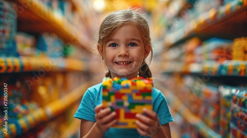 little girl in a shop, a little girl holding a package of gifts made of Lego blocks, blurred backgrounds of endless shelves full of Lego