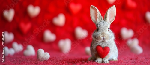 A fawn-colored rabbit tenderly clasps a scarlet heart, symbolizing love and affection in its furry paws.