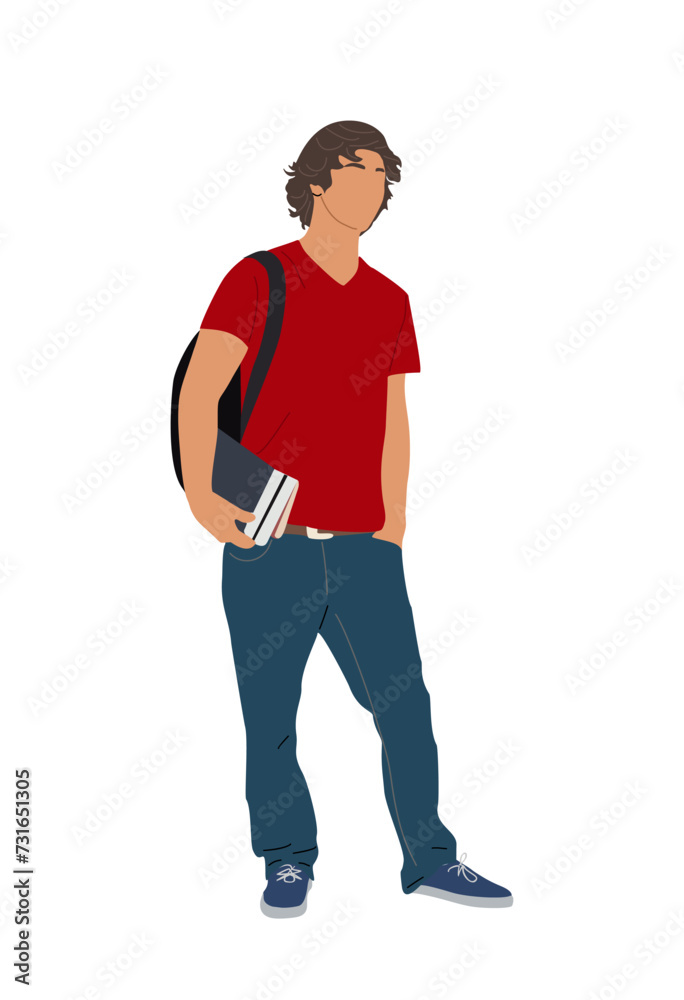 Young guy in casual outfit with backpack, holding books, standing. Student of college or university. Vector realistic illustration isolated on transparent background.