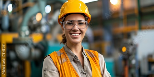 Smiling woman in safety helmet and goggles stands confidently in an industrial setting, representing workplace equality and occupational safety. © iSomboon