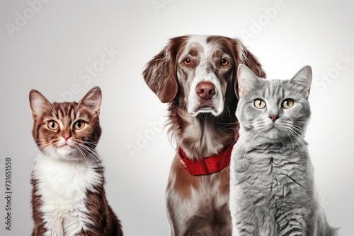Close up portrait of a dog and a cats looking at the camera on a gray a background