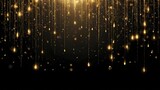 Shiny golden rain with sequins falling on black background, festive background with sparkling particles, for party, poster, greeting card