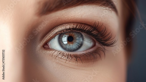 Macro image of a human female eye with thick eyelashes and daytime makeup. Vision and eye cosmetics