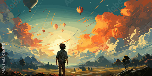 the boy plays paper airplanes and looking at planes flying in the sunset sky, digital art style, illustration painting
