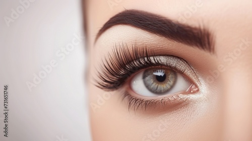 Macro image of a human female eye with thick eyelashes and daytime makeup. Vision and eye cosmetics