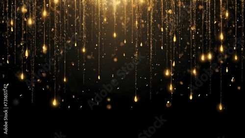 Shiny golden rain with sequins falling on black background, festive background with sparkling particles, for party, poster, greeting card photo