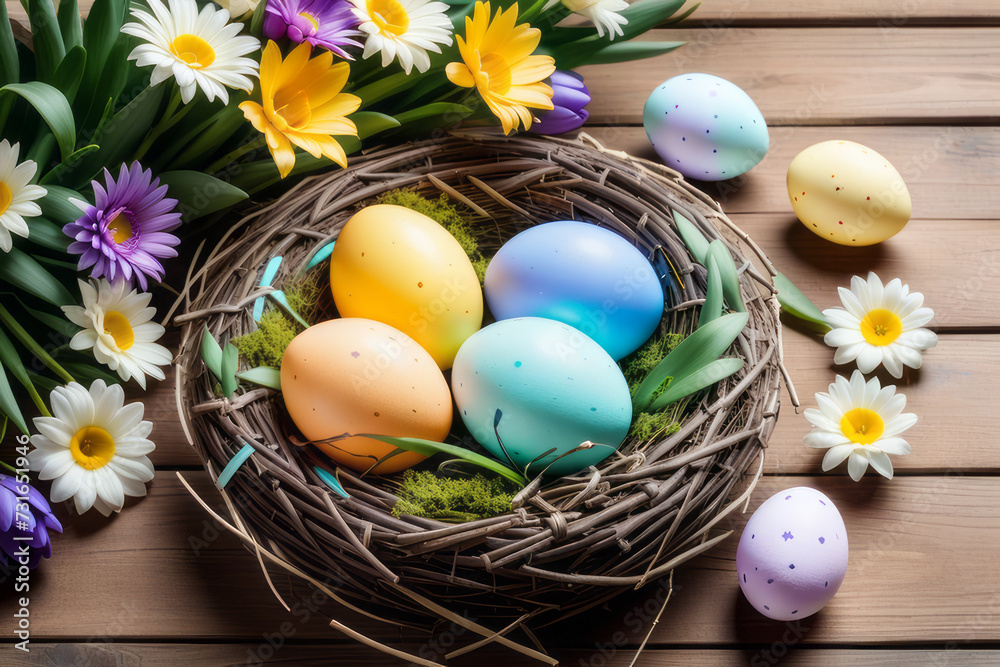 Nest with colorful Easter eggs and flowers on wooden background. Nest with colorful Easter eggs and flowers on wooden background.