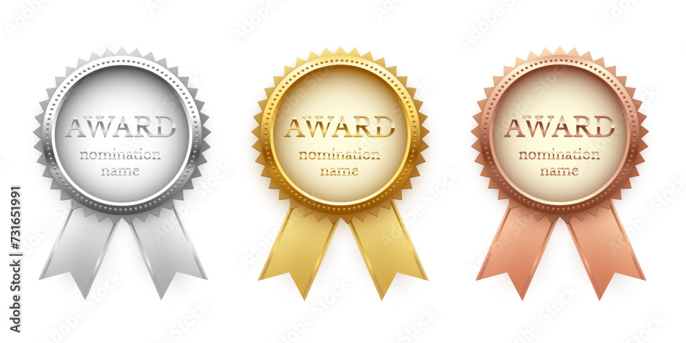 Medals for first, second, third place with ribbons and text Award Nomination name. Gold, silver and bronze ranks on white background. Championship in sport or movie vector illustration Medals for first, second, third place with ribbons and text Award Nomination name. Gold, silver and bronze ranks on white background. Championship in sport or movie vector illustration