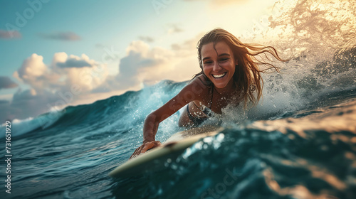 A young happy girl on a surfboard rides a wave in tropical waters against the backdrop of a seascape. Beach holiday background © Irina Sharnina