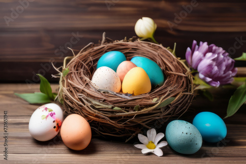 Nest with colorful Easter eggs and flowers on wooden background.