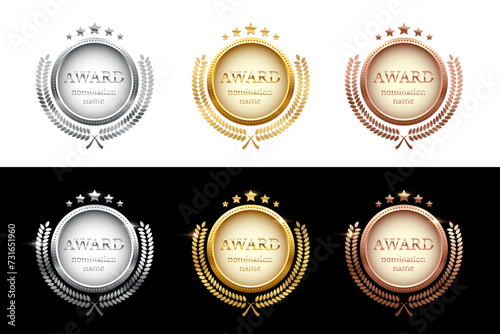 Medals for first, second, third place with laurel wreath and text Award Nomination name. Gold, silver and bronze ranks on white and black background. Championship in sport or movie vector illustration photo