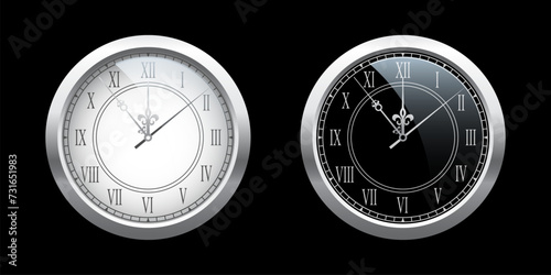 Vintage silver clock face set, elegant roman numerals clock isolated on black background. Realistic classical watch with white and black dial. Time scale under glass. Vector illustration