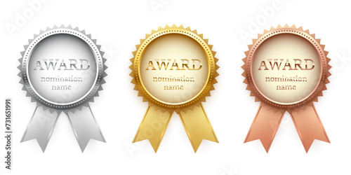 Medals for first, second, third place with ribbons and text Award Nomination name. Gold, silver and bronze ranks on white background. Championship in sport or movie vector illustration