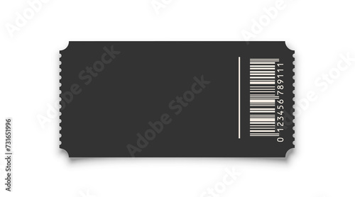 Cinema ticket realistic vector template. Retro black paper coupon for event, discount voucher mockup with barcode and text space on white background. Concert, movie, raffle, carnival blank pass
