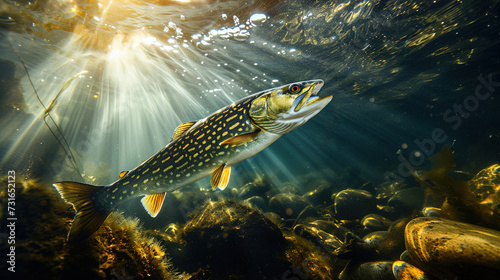 Underwater photo close-up of a large pike. Fishing background