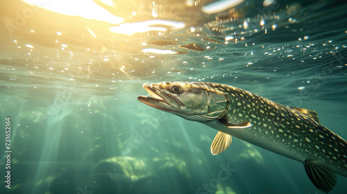 Underwater photo close-up of a large pike. Fishing background