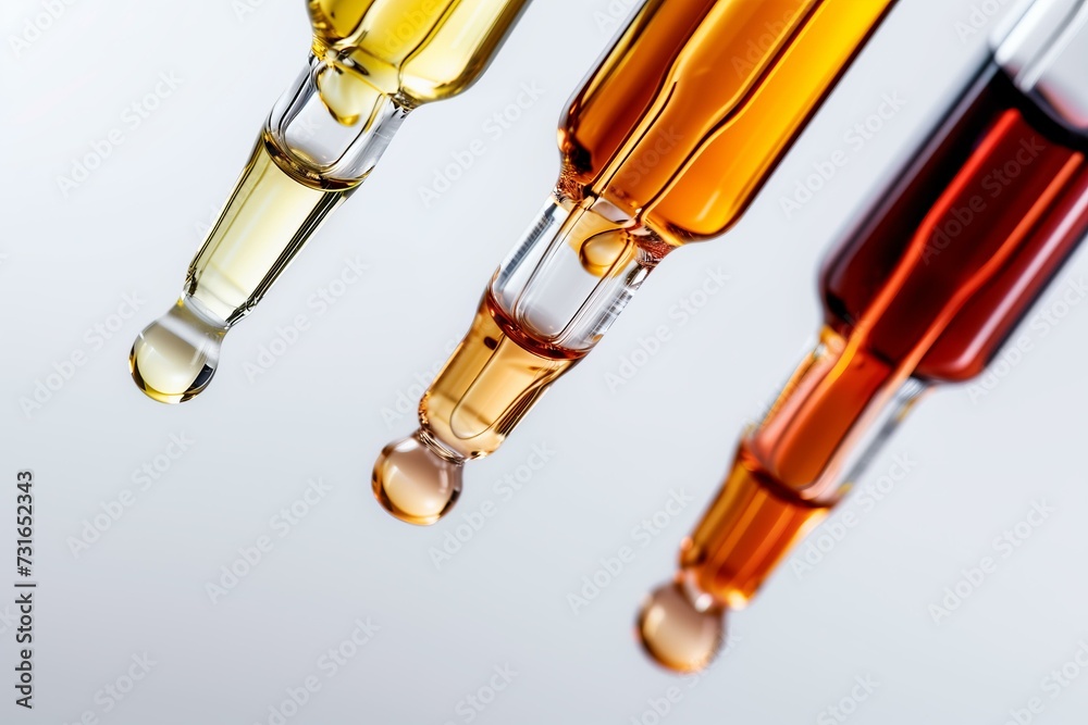close up pipettes with different color face serum on a white background close up pipettes with different color face serum on a white background