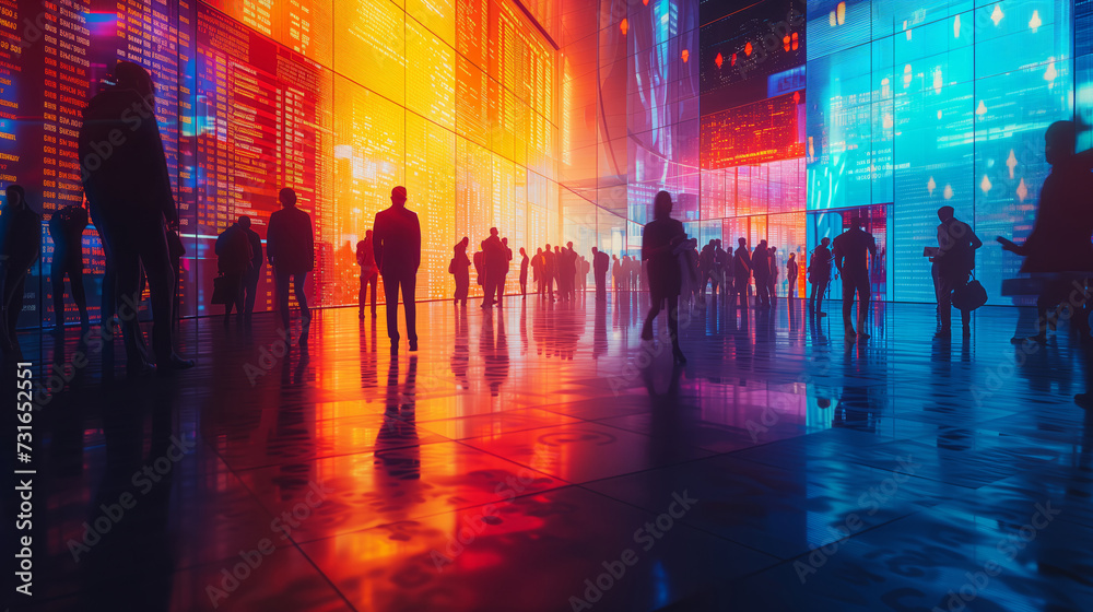 Futuristic Stock Market Display with Silhouetted People
