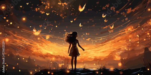 a ballerina dancing with fireflies on the hill against the night sky, digital art style, illustration painting