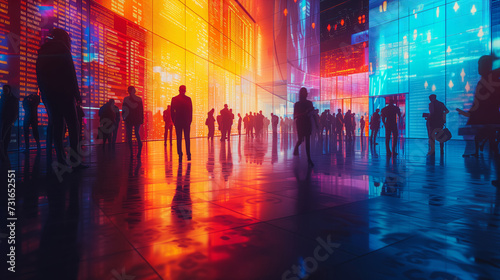 Futuristic Stock Market Display with Silhouetted People