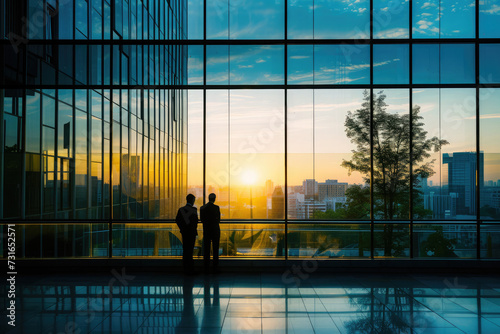 Silhouette of business people standing in office building with sunlight