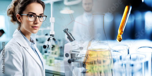 lab technician assistant analyzing a blood sample in test tube at laboratory with microscope. Medical, pharmaceutical and scientific research and development concept. 