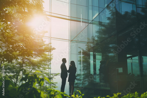 Silhouette of business people standing in office building with sunlight
