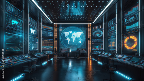 Futuristic Control Room Monitoring Global Cybersecurity