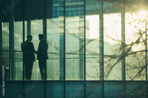 Silhouette of business people standing in office building with sunlight photo