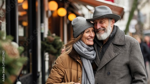 portrait of a senior couple, romantic senior couple walking outdoors in summer, loving happy mature spouses hugging and smiling to each other, cheerful husband and wife enjoying outside walk