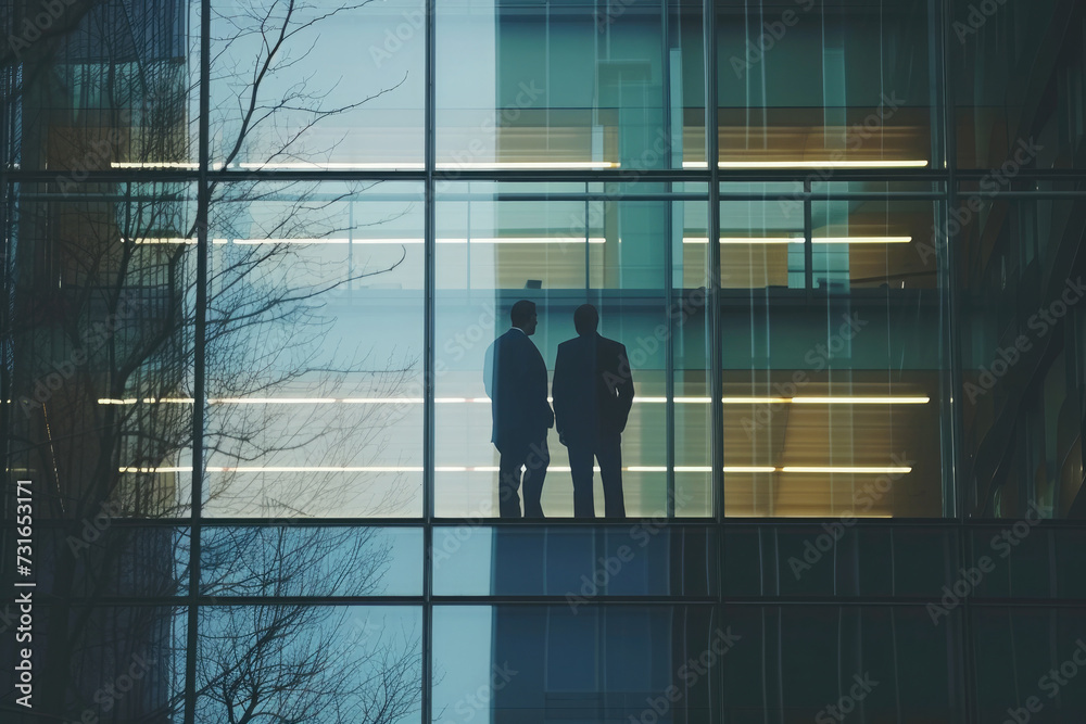 Silhouette of business people standing in office building with sunlight Silhouette of business people standing in office building with sunlight