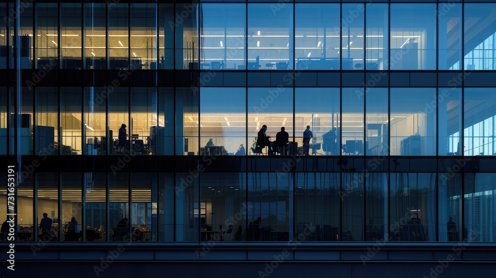 Silhouette of business people standing in office building with sunlight Silhouette of business people standing in office building with sunlight