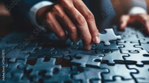 Close-up shot of a person's hands fitting the final piece into a nearly complete jigsaw puzzle, symbolizing solution and completion.