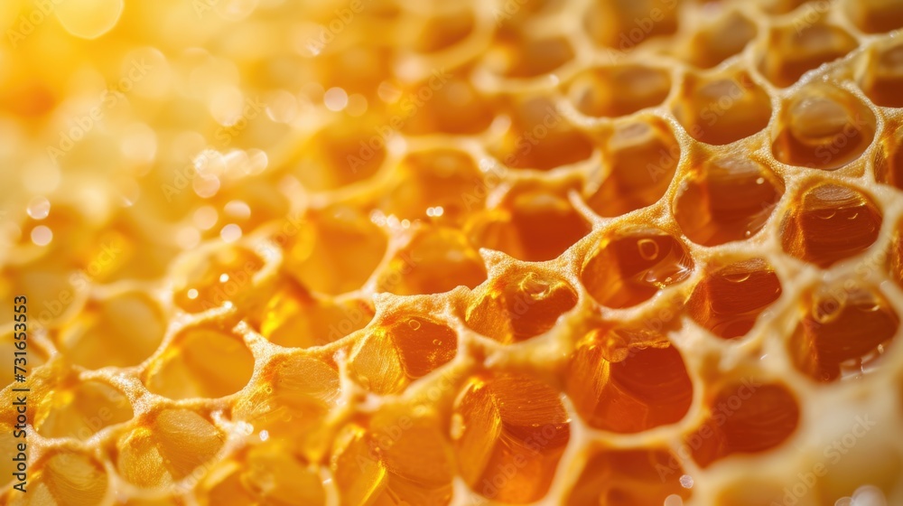 Close-up of golden honeycomb texture with sunlight. Natural organic pattern.