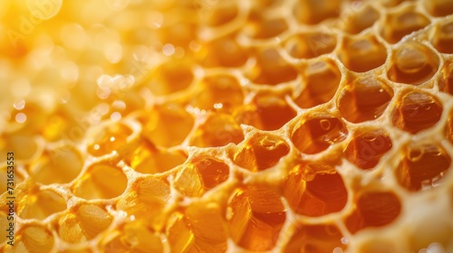 Close-up of golden honeycomb texture with sunlight. Natural organic pattern.