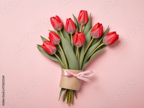 Beautiful red tulips in craft paper on pink pastel background with copy space, spring time, mother's day © Anna
