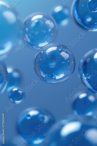 Blue transparent bubbles with reflections isolated on blue background.