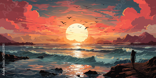 woman standing on the sea looking at the summer sky, vector illustration